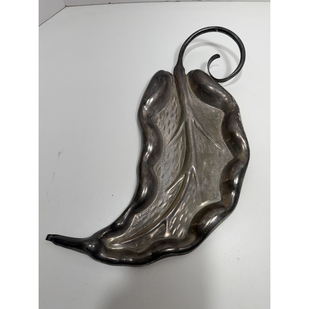 Vintage Silver Plate Leaf Candy Dish Tray Curly Handle Trinket Bowl Mid Century
